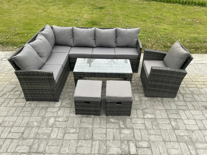 Fimous 9 Seater Outdoor Rattan Garden Furniture Set Corner Sofa Oblong Coffee Table Sets with Patio 2 Small Footstools Armchair Dark Grey Mixed