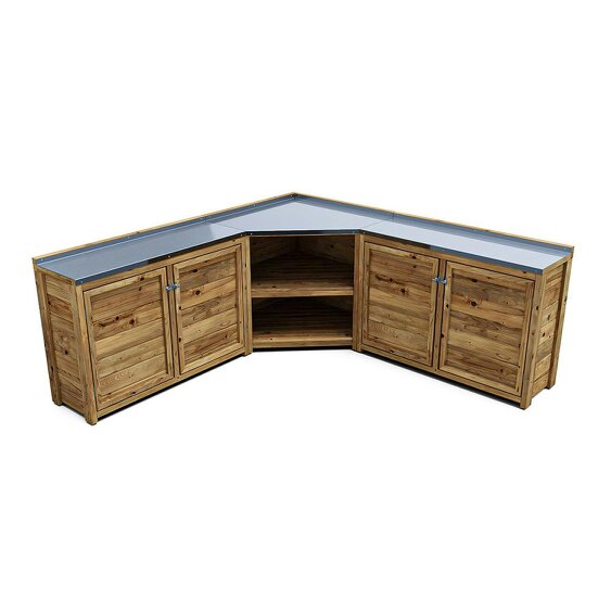 Dunster House Wooden Garden Kitchen Unit J-Configuration With Stainless Steel Countertop, W2m x D2m / W7' x D7'