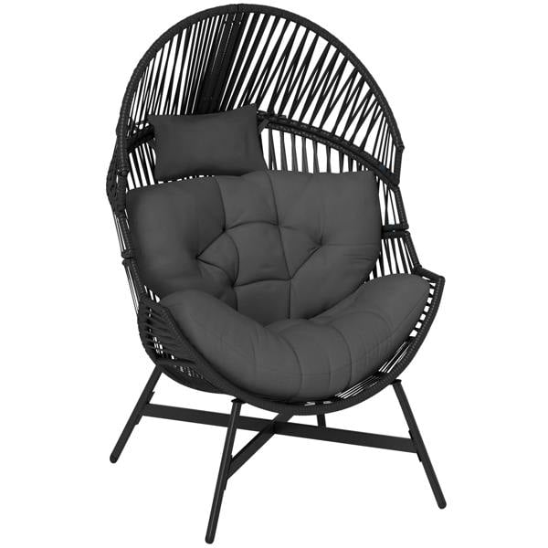 Charcoal grey rattan egg chair with tufted cushion and headrest