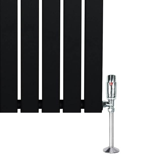 Flat single column radiator in sleek black finish, featuring smooth vertical panels and a polished chrome valve on the side