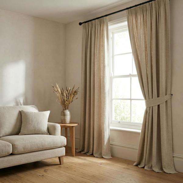 Shanghai made-to-measure curtains in Natural, styled in a living room