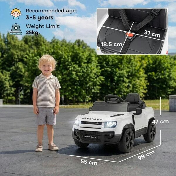 Land Rover Licensed 12V Kids Ride on Car with Remote, Suspension, Slow Start, 3 Speeds, Lights, Music, Horn, White