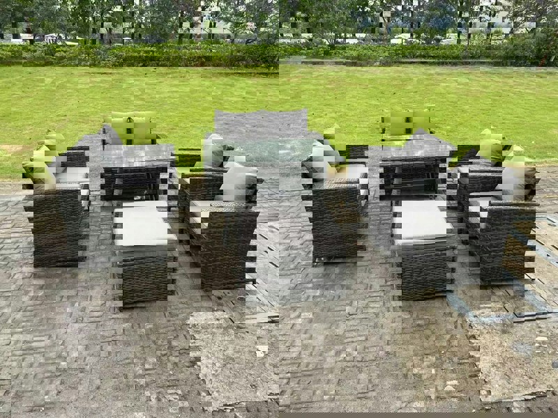 Fimous 7 Seater Outdoor Dark Grey Mixed High Back Rattan Sofa Dining Table Set Garden Furniture Love Sofa Arm Chair
