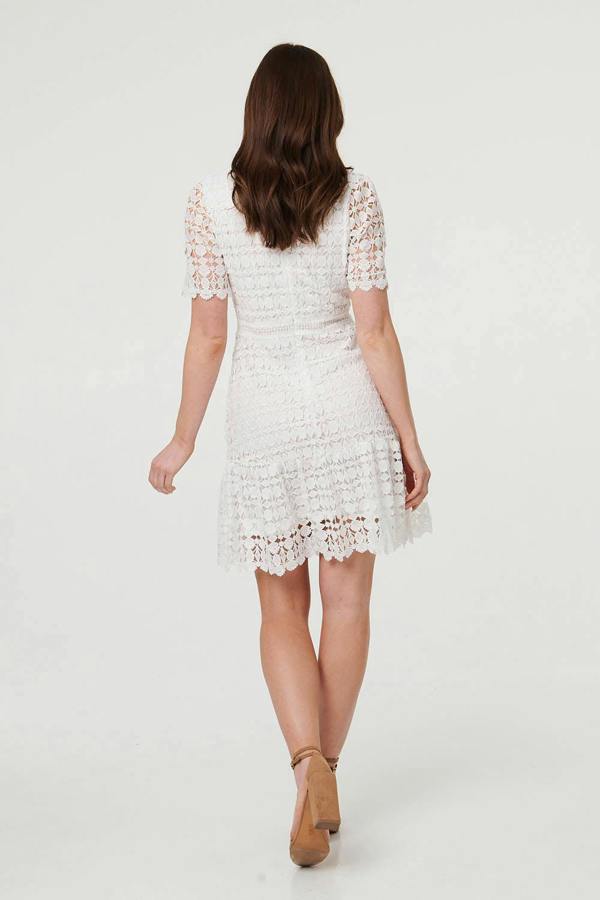 White | Semi Sheer Lace Layer Fitted Short Dress