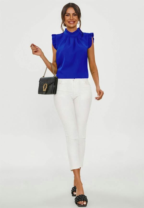FS Collection Frill Trim Sleeve High Neck Blouse Top In Royal Blue