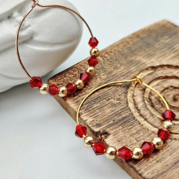 The Colourful Aura Gold Red Beaded 30mm Huggie Multicolour Dainty Boho Summer Hoop Bali Earring