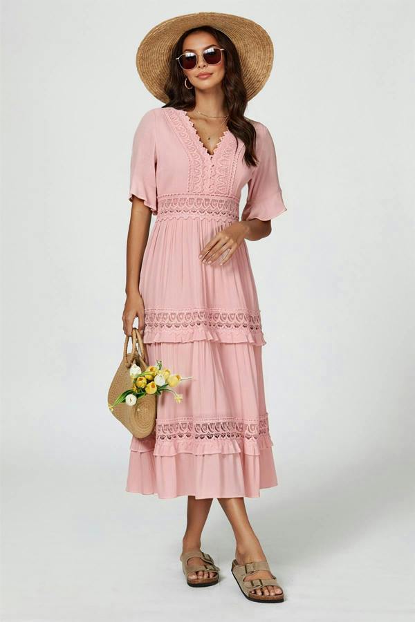 FS Collection V Neck Lace Detail Midi Dress In Rose Nude