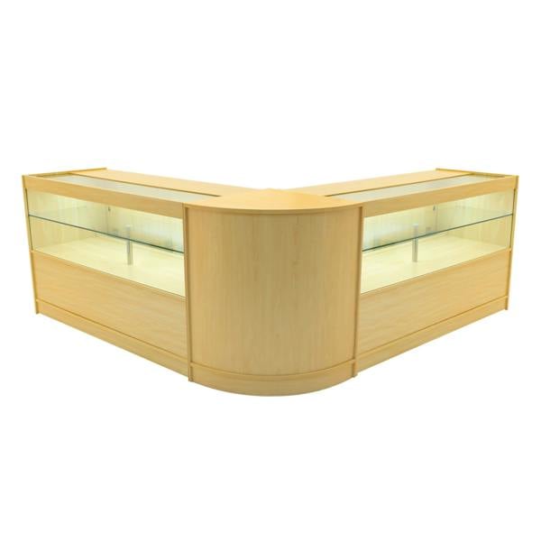 Maple Selene LED shop counter set featuring a sleek, curved design with glass display sections and warm lighting for showcasing products