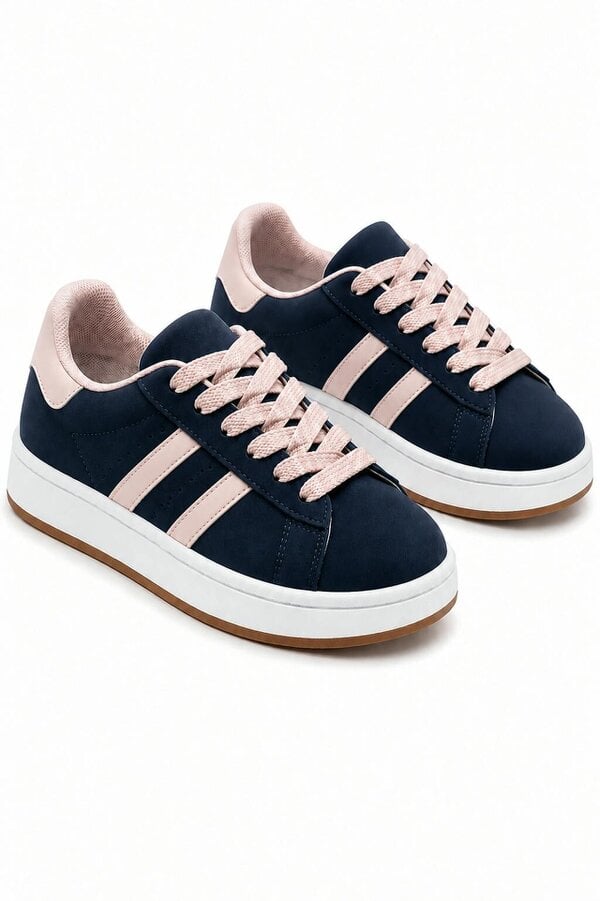 Love Lemonade Classic Faux Suede Lace-Up Stripe Trainers Navy