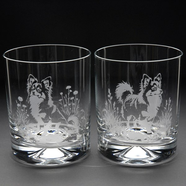 Glyptic Glass Art Papillon Dog Whiskey Tumbler Glass - Hand Etched/Engraved Gift