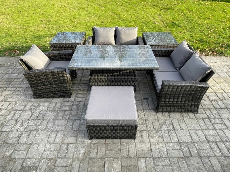 Fimous 7-Piece Rattan Garden Furniture Set - Dark Grey Mixed Outdoor Height Adjustable Dining Set with 2 Side Tables & Footstool