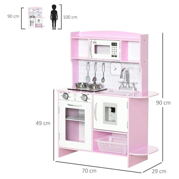Pink kids kitchen playset featuring microwave, sink faucet, cooktop knobs, and storage shelves