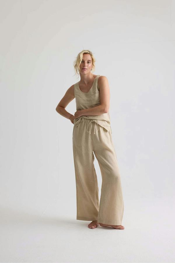 Pretty You London Relaxed Linen Wide Leg Trousers In Summer Sand