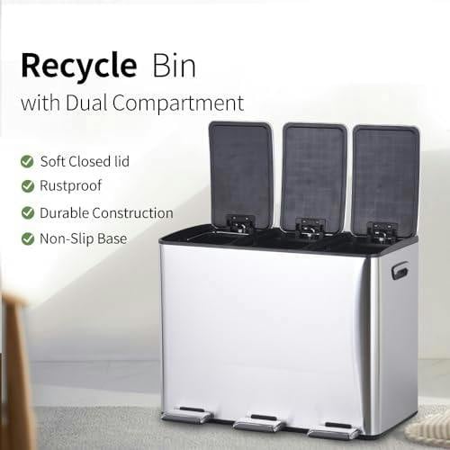HYGRAD BUILT TO SURVIVE HYGRAD 3 Compartment Recycling Bin 45L Dual Compartments Kitchen Pedal Dust Bin Waste Bin Separation System 3x15L