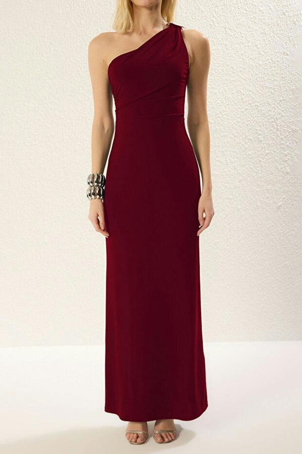 WOVCOR One-Shoulder Knitted Maxi Elegant Evening Dress with Accessory Details