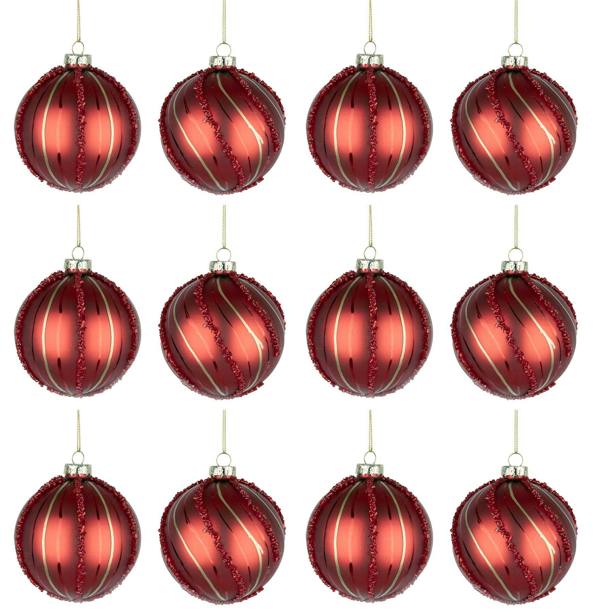 8cm Glass Christmas Baubles, Red Finish, 12 Pack with Festive Decorative Designs image 5