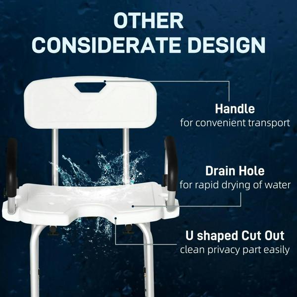 White shower chair with backrest, drain-hole seat area, and carrying handle