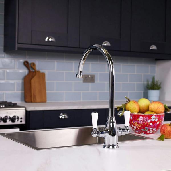 Flode Halden | Dual Lever Kitchen Sink Mixer Tap with Swivel Spout | Polished Chrome Finish