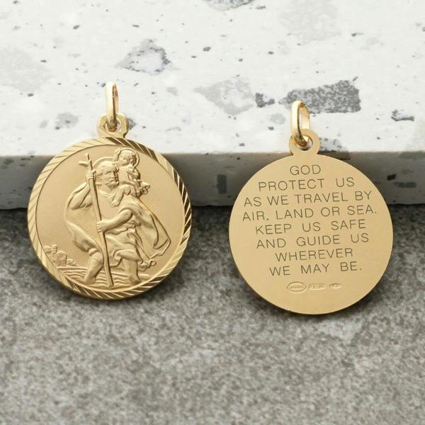 Christopher James of London 9ct Yellow Gold Diamond Cut 20mm St Christopher Pendant With Travellers Prayer and Optional Chain