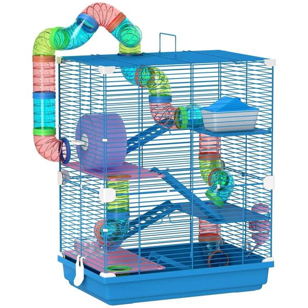 Blue 5-tier hamster cage with exercise wheels, tunnels, and multi-level platforms.