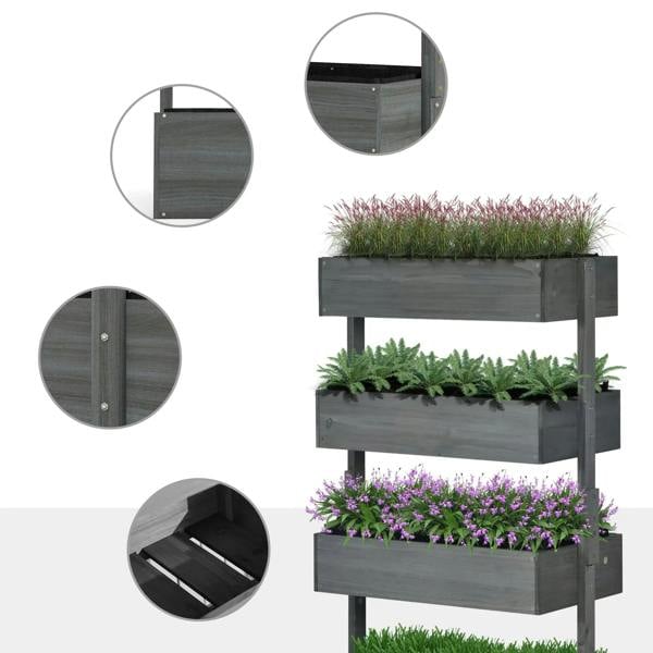 Four-tier grey wooden plant stand with close-up details of corners and slats