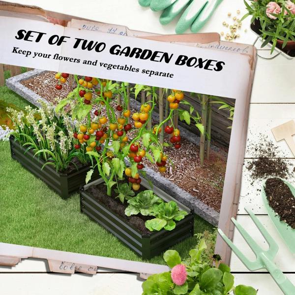 Dark grey steel raised planter box set with greens and mixed flowers