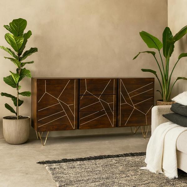 Wyld Haus Bandung Dark Mango Wood and Gold Large Sideboard 3 Drawers 2 Doors
