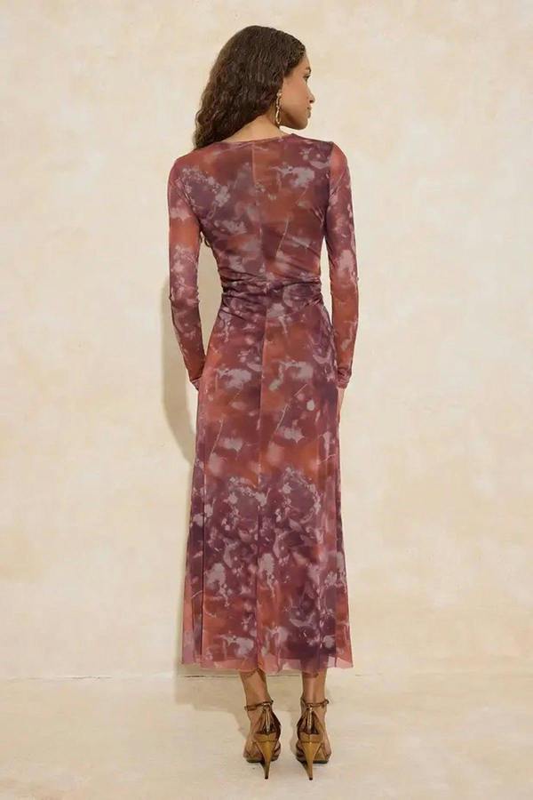 WOVCOR Abstract Floral Pattern Lined Tulle Maxi Dress