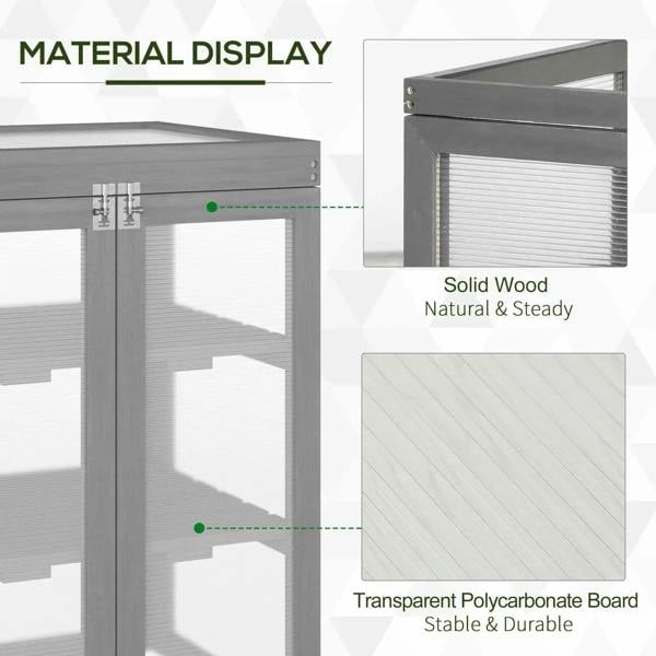 Polycarbonate greenhouse frame with solid wood look sides and translucent panels, dark grey