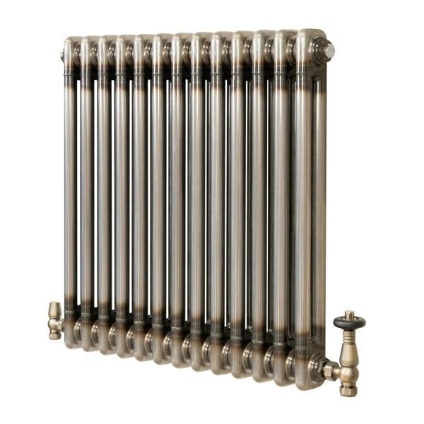 Traditional 2 Column Radiator & Valves - 600 x 605mm - Raw Metal