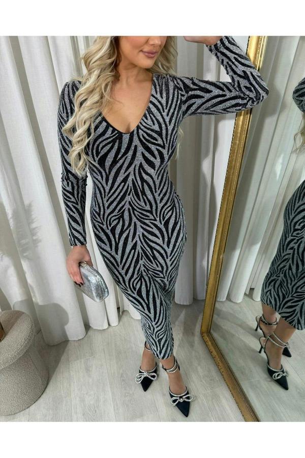 Evelyn Printed V-neck Long Sleeve Glitter Midi Dress - Silver