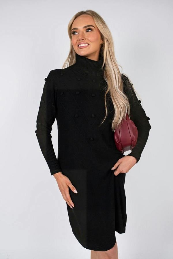 Ivanya High Neck Long Sleeve Knitted Jumper Dress With Bobble Detail - Black