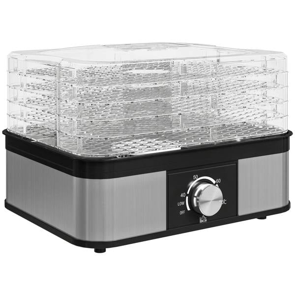 5-tier food dehydrator with clear stack trays, stainless-steel base, adjustable temperature dial