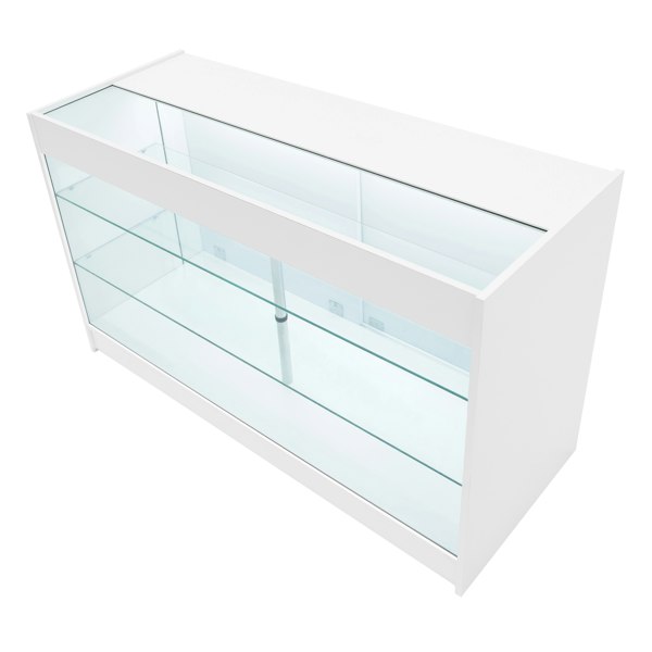 White Helios LED shop counter set with glass shelves, sleek design, and modern finish, ideal for retail displays and merchandising