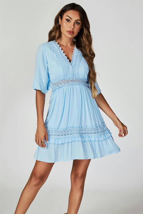 FS Collection V Neck Lace Mini Dress In Light Blue