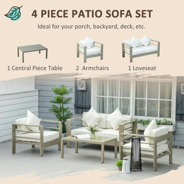 4 Pieces Outdoor Garden Furniture Set, Aluminium Frame Furniture w/ Thick Padded Cushiones Champagne Gold