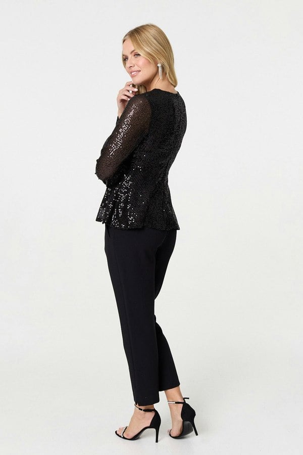 Black | Sequin Embellished Long Sleeve Peplum Top
