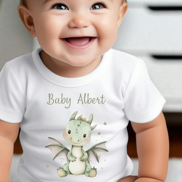 Personalised Little Green Dinosaur Baby Grow, Vest or Bib with Name