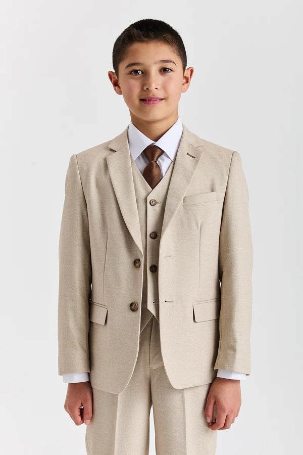 Paul Andrew Belmont - Boys Beige Classic Stitch Lapel 3 Piece Suit