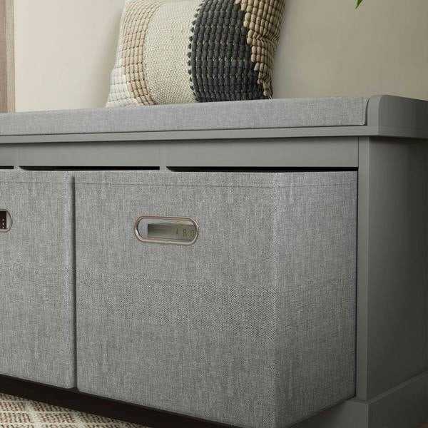 Grey fabric drawer of shoe storage bench with cut-out handle