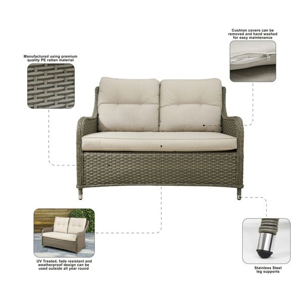 Premium 2 Seater Garden Coffee Table Set - 2pc Rattan Wicker Sofa Chair Cushions - LoopsDirect