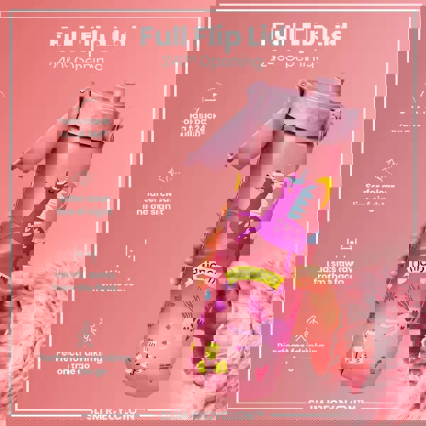 A pink water bottle, featuring a unicorn design, is held; its full flip lid is open, showing a 240° opening. The bottle is advertised as “SLIM RECYCLON™”.