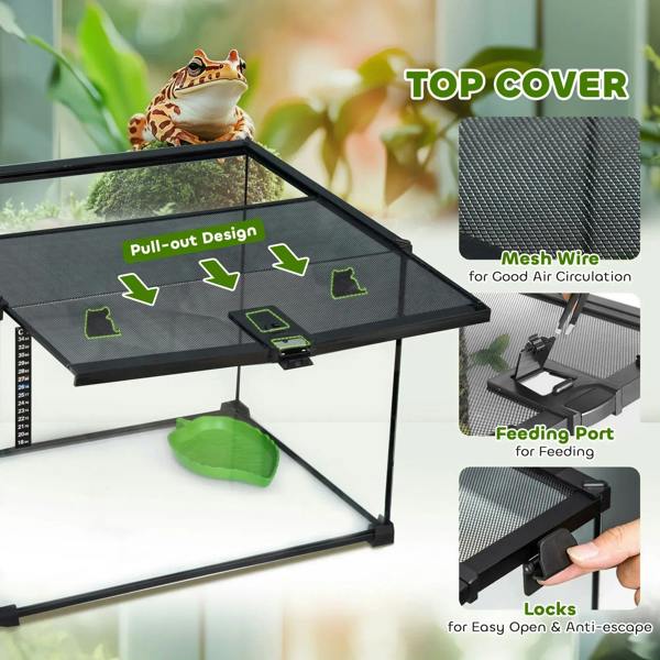 Black glass terrarium with removable mesh top cover, feeding port, and locking clips