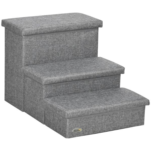 Light grey 3-step pet stairs with upholstered top storage bench and three steps