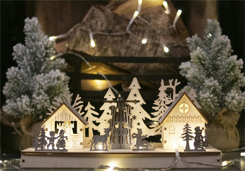 Xmas Haus St Helens Wooden Light Up Festive Scene