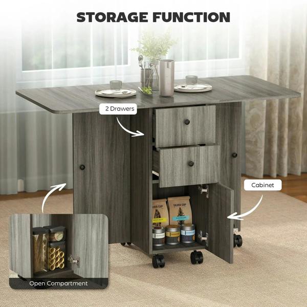 Grey drop-leaf dining table with drawers, cabinet storage, and open compartment