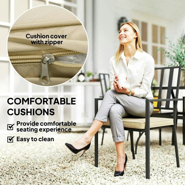 Beige chair seat cushion with zipper cover on black metal dining chair