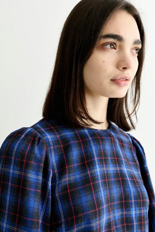 Rivka Winter Check Pleat Long Sleeve Blouse - Blue