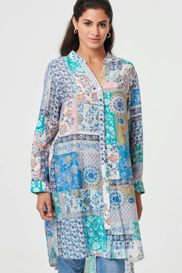 Blue | Patchwork Print Longline Tunic Shirt 

