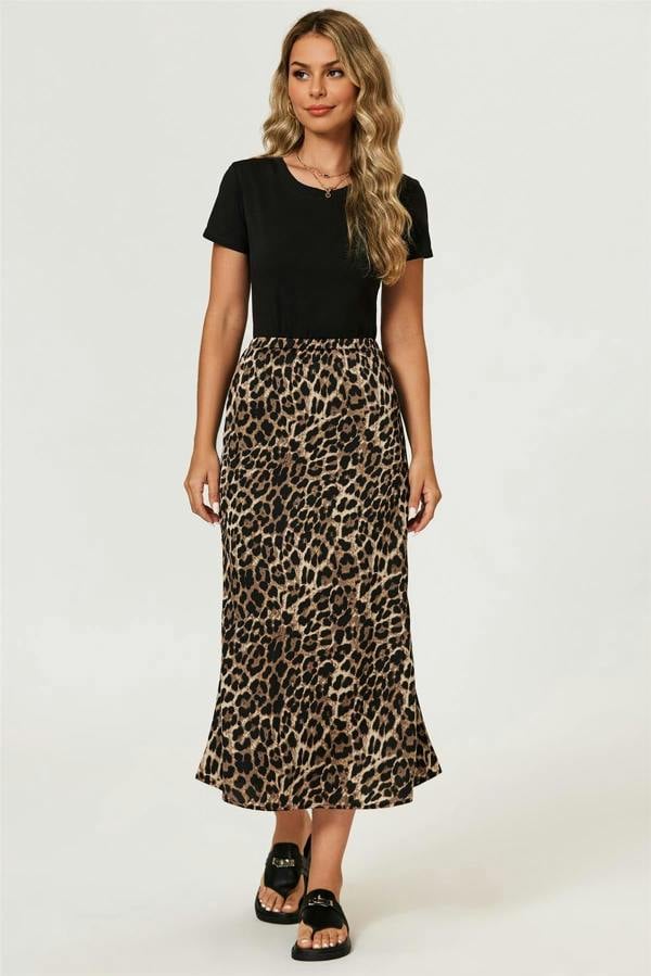 FS Collection Leopard Print Satin Midi Skirt In Brown